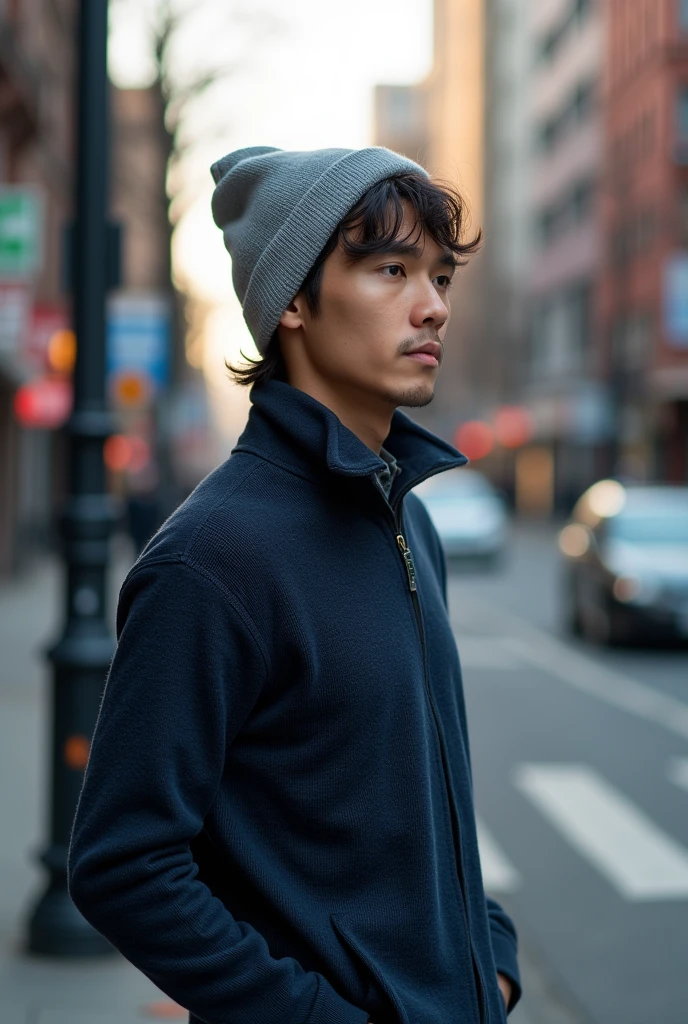 A 30-year-old man indonesia stands at the corner of the street, wearing a gray beanie that covers most of his slightly curly hair. A dark blue knit sweater comfortably wraps around his body, giving off a casual yet stylish vibe. His hands are tucked into his pockets, and his sharp eyes calmly observe the surroundings, as if he's waiting for someone or simply enjoying the chilly afternoon in the city.