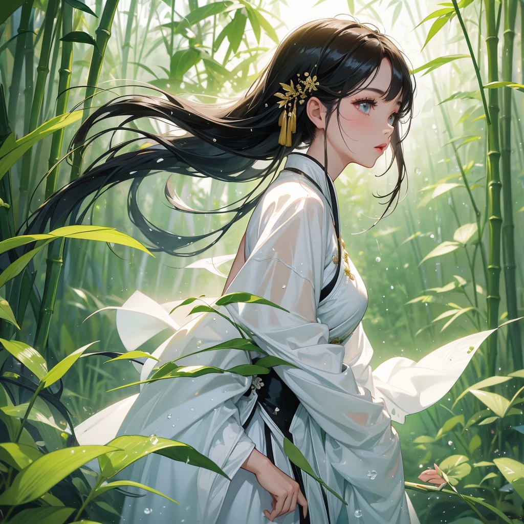 A black hair beautiful female in white hanfu dress , close up.

The back is a lush green bamboo forest. The air after rain has water droplets splashing around.
