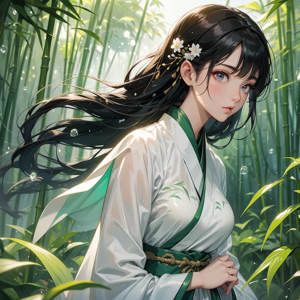 A black hair beautiful female in white hanfu dress , close up.

The back is a lush green bamboo forest. The air after rain has water droplets splashing around.