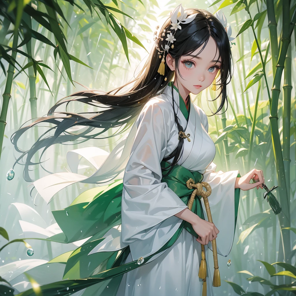 A black hair beautiful female in white hanfu dress , close up.
The back is a lush green bamboo forest. The air after rain has water droplets splashing around.