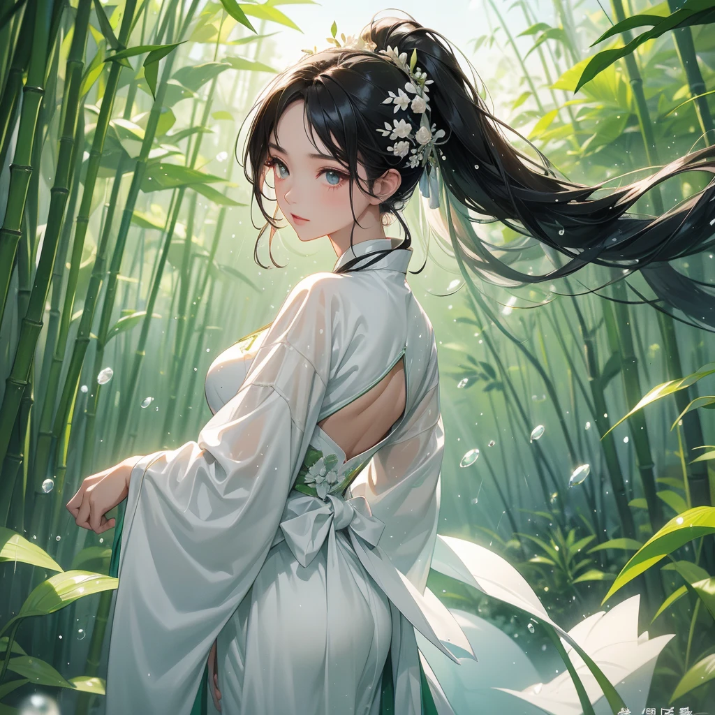 A black hair beautiful female in white hanfu dress , close up.
The back is a lush green bamboo forest. The air after rain has water droplets splashing around.