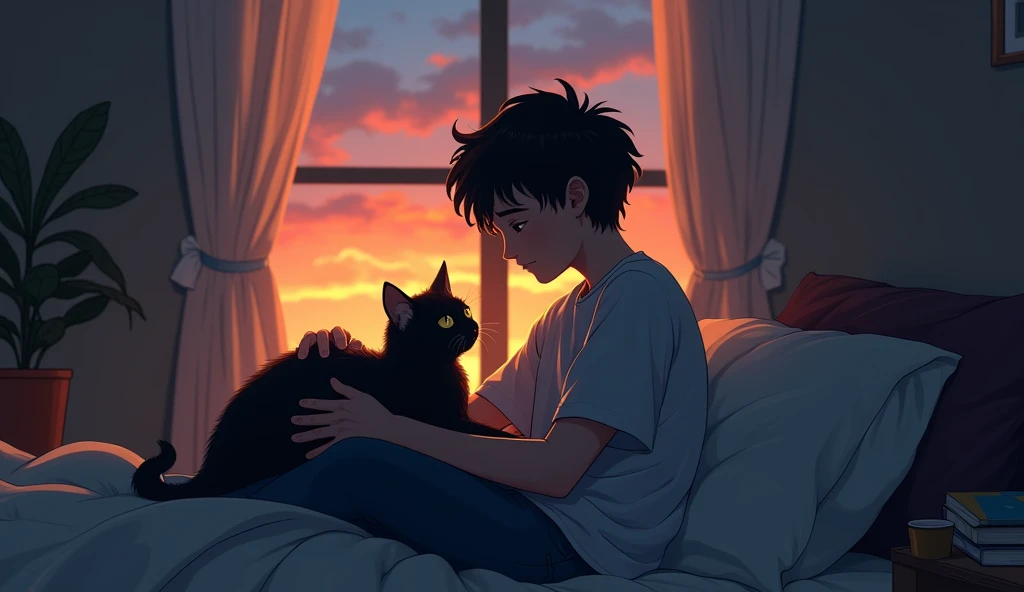 “Sam is sitting on his bed, looking sad and thoughtful. Shadow, the dark-furred cat, is in his lap, looking up at him with a gentle expression. The room is softly lit, with a warm, comforting atmosphere. Outside the window, it’s evening, and the sky is turning orange with the setting sun.”