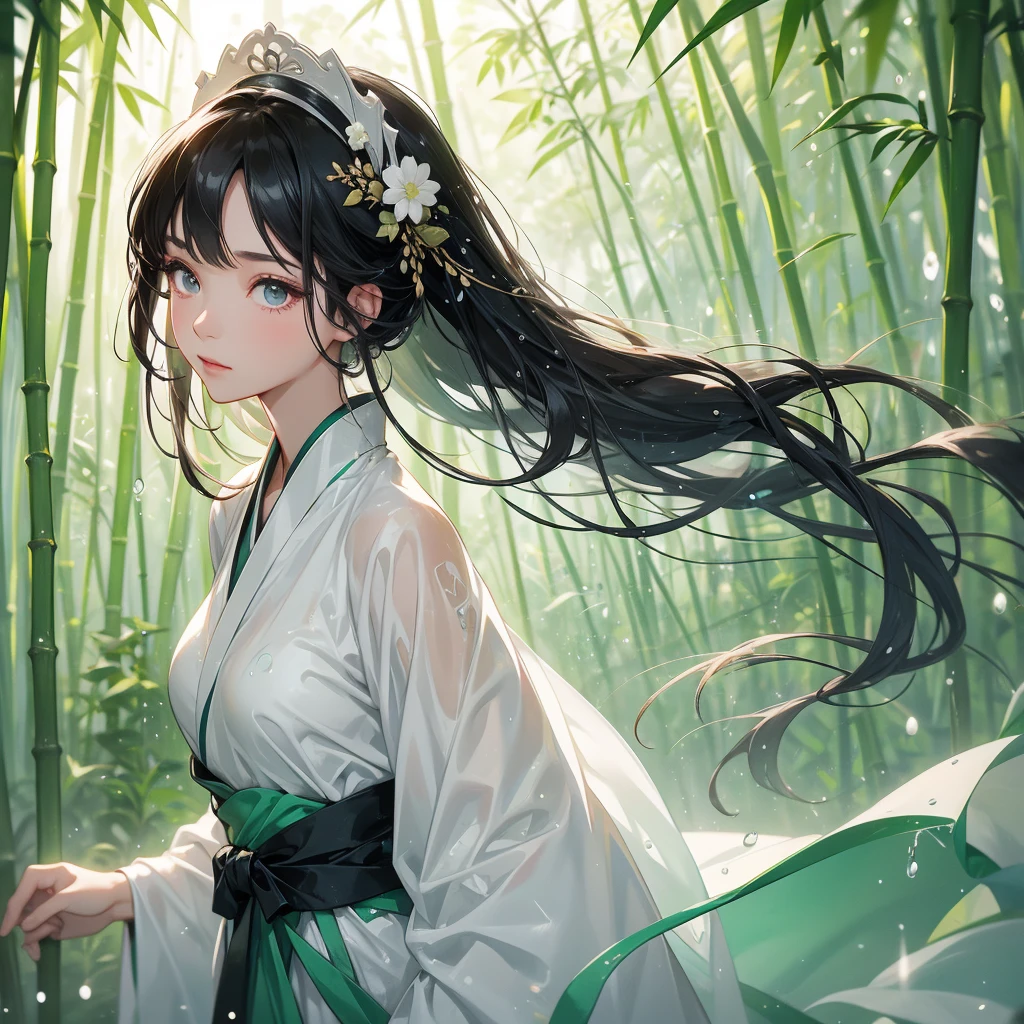 A black hair beautiful female in white hanfu dress , close up.
The back is a lush green bamboo forest. The air after rain has water droplets splashing around.