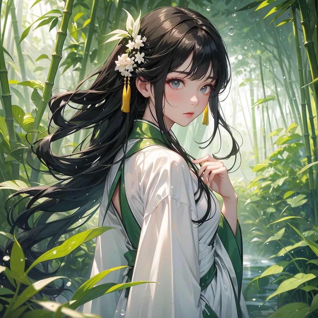 A black hair beautiful female in white hanfu dress , close up.
The back is a lush green bamboo forest. The air after rain has water droplets splashing around.