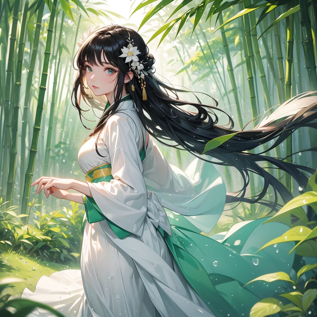 A black hair beautiful female in white hanfu dress , close up.

The back is a lush green bamboo forest. The air after rain has water droplets splashing around.
