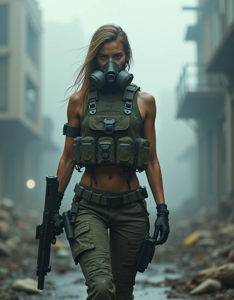 (Photorealism:1.2), sexy armed woman, A female soldier wearing a gas mask patrols a fog-filled ruin.