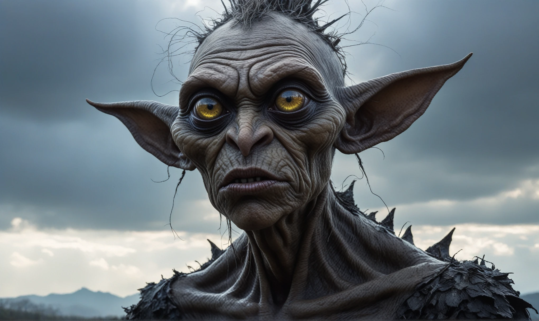 full-body-shot,Very tall , who can't fly,Cinematic, Technicolor,natural skin textures, hyper realisitc, hyper detailed,Extremely detailed,High contrast,Realistic,Chalsedoon goblin, back view,full body length,evil ghost,Hobgoblin,pretty face,intricate details,realistic humid skin,extremely intricate details,anatomically correct, eyes extremely detailed, high detailed eyes,High contrast,Ultra HD,Retina,HDR,photo,photorealism,Masterpiece, natural skin textures, hyper realism,hyper detailed,High contrast,(HDR:1.4),Realism,Ultra Detailed,irina yermolova, close full body shot,16K resolution,RAW, Nikon Z9,Paul Zizka,full body length,niobium goblin,native irish,pretty face,eyebrow up,full body shot,ominous landscape,niobium gray atmosphere,by art Simon Stalenhag,Nicola Samori,(((Wangechi Mutu))),prime colors,urban,extremely detailed,masterpiece,intricate details,faded,eyes extremely detailed, high detailed eyes,4k resolution,islands levitating above ground, Nikon Z9,scary village,stalker,Stone Forest in Yunnan Province of China
