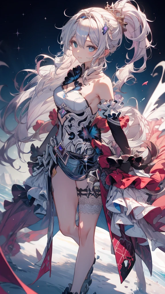 ((full body)),1 person, alone, whole body, (Highest quality,8k,High resolution,masterpiece:1.2),Very detailed,(anime), Lord of the End, Kiana \ (Serious Impact 3)very long white hair, blue eyes, alone, Very detailed顔の特徴, Fine and beautiful eyes, cute, Looking at the audience, Shooting from above, Fantasy Landscape, Bright colors, loose fitting dress, Rich details, Rich environment, Golden Ratio