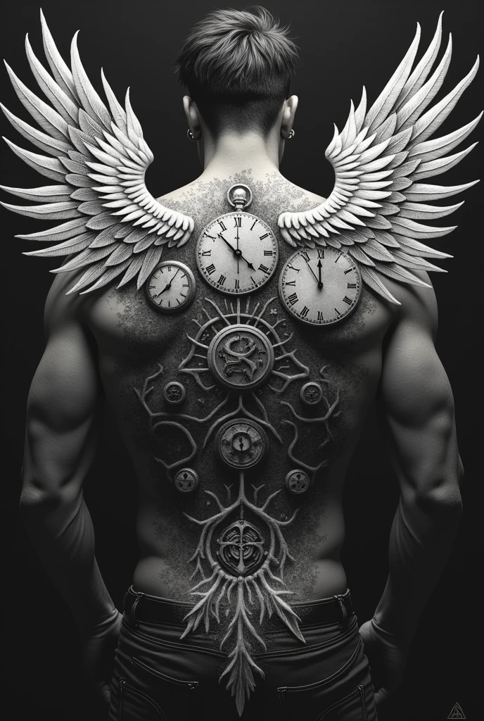 Open Wing tatoo with clocks and rune words for man