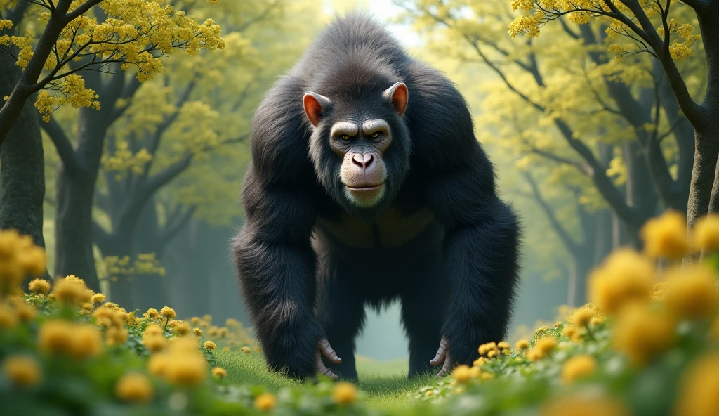 Front view,There is a wild beast in the osmanthus forest,Looks like an ape with white ears,Standing and walking(best quality,4K,8k,High level,masterpiece:1.2),Ultra Detailed,(lifelike,Photo real,Photo real:1.37)