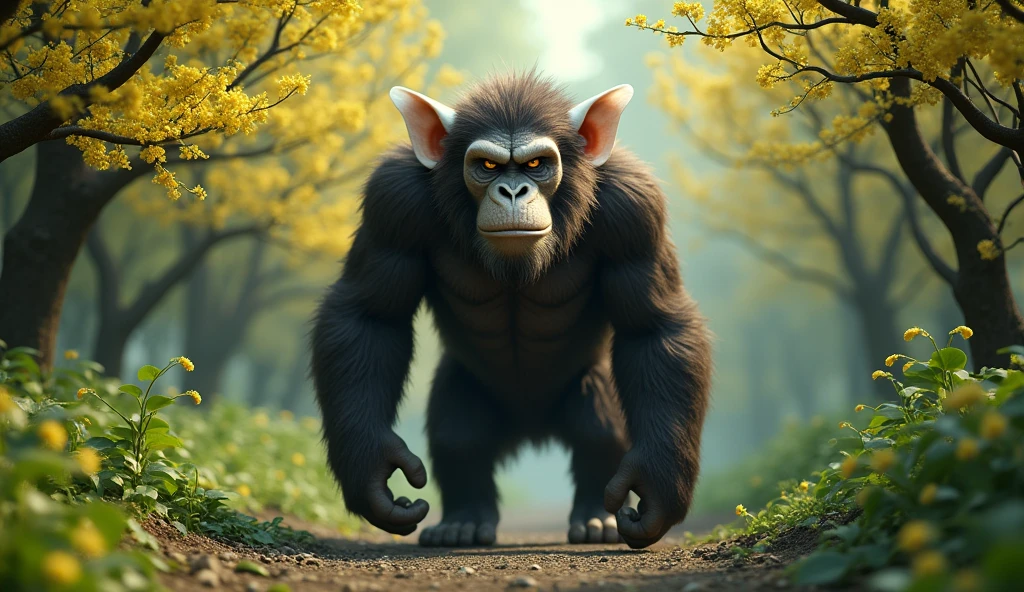 Front view，There is a wild beast in the osmanthus forest，Looks like an ape with white ears，Standing and walking（best quality，4K，8k，High level，masterpiece：1.2），Ultra Detailed，（lifelike，Photo real，Photo real：1.37）