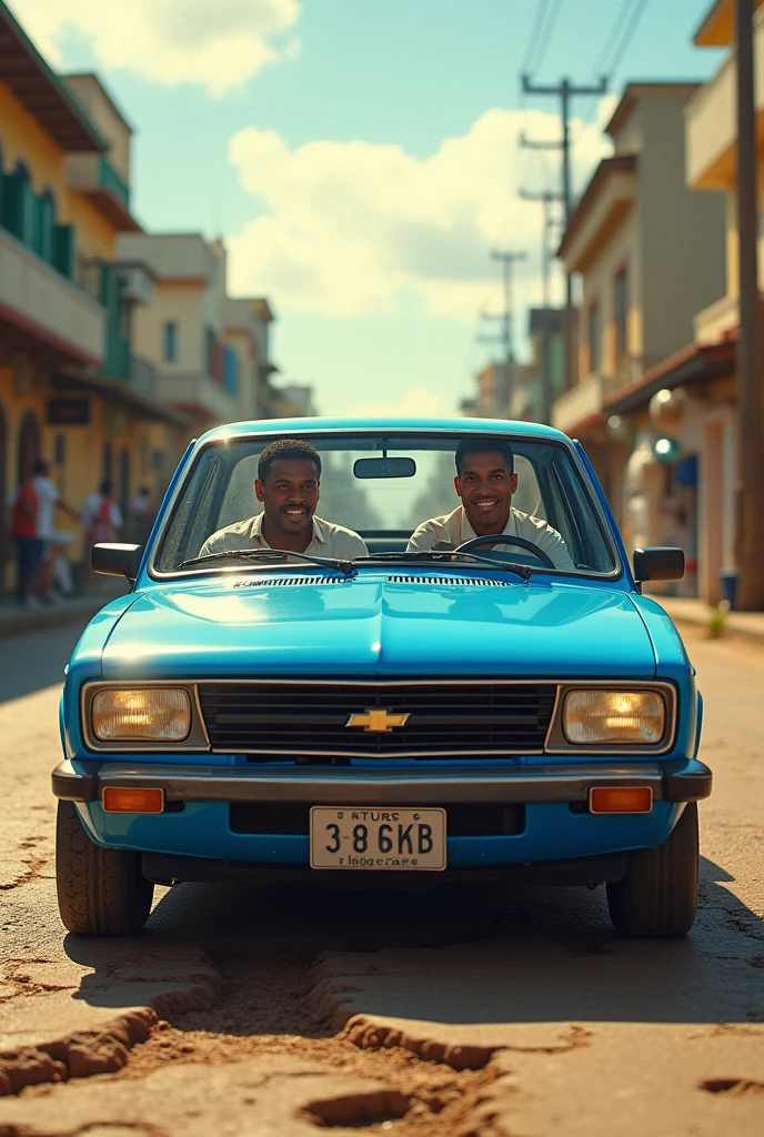 Pelé driving a blue Celta with Airton Senna as a passenger on a potholed street in Brazil.