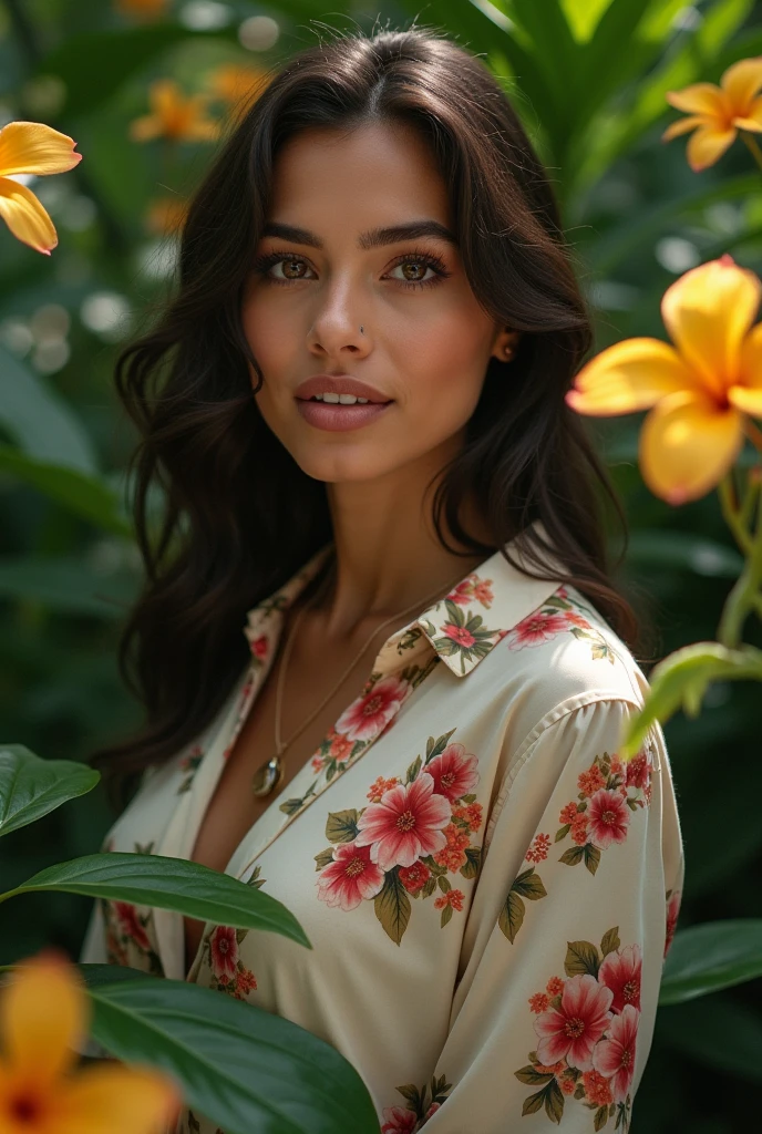 A Brazilian woman in a lush tropical garden, wearing an open shirt with a floral print, with a close-up capturing the harmonious beauty between her breasts and the natural flowers, showing off your natural charm and outgoing personality.