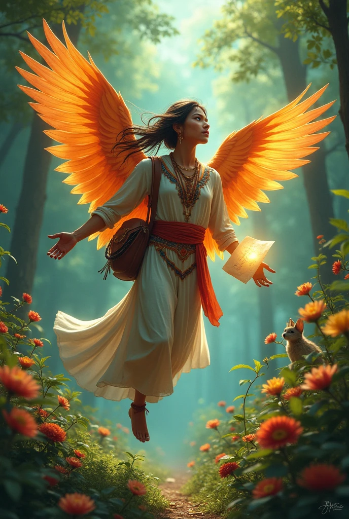 An indigenous messenger god, known for carrying love letters, is depicted flying through a lush forest. The god has vibrant feathered wings and wears traditional clothing with a satchel filled with love letters. He is shown mid-flight, with a gentle expression, holding a glowing letter. The forest is peaceful, with flowers and animals around, symbolizing the energy of love.