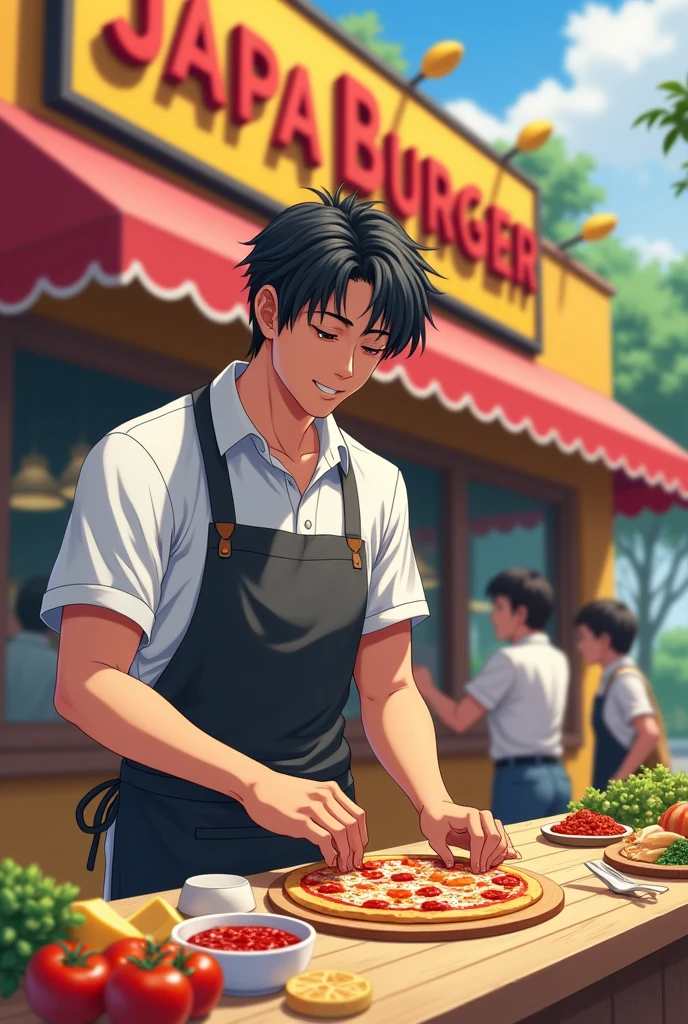 Make a picture of A Japanese man in a kitchen apron is standing in front of a diner with a large sign saying "Japa Burger". He's outdoors, standing at a prep bench, assembling a mini pizza. The setting is relaxed, with the facade of the cafeteria in the background, which has vibrant colors and a modern design. Next to the bench, there are fresh ingredients like cheese, tomato sauce and vegetables. The Japanese man is smiling, focused on preparing the pizza, with customers watching curiously from inside the cafeteria.