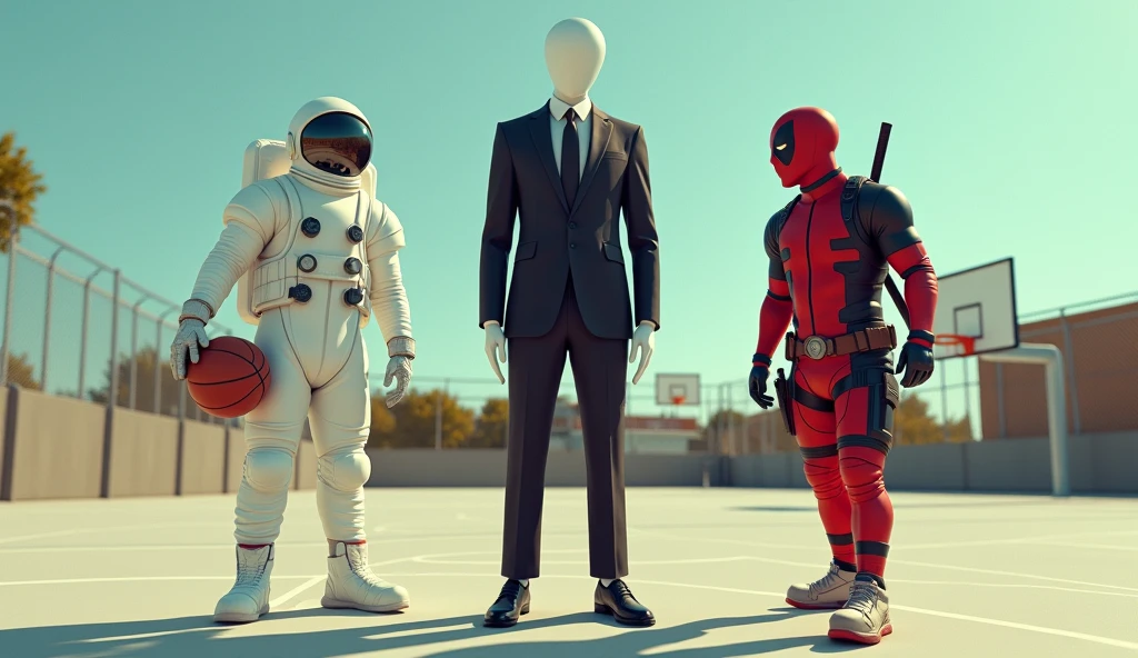 1 space suit guy, Slenderman wearing black suit, and a guy wearing Deadpool suit, all playing basketball