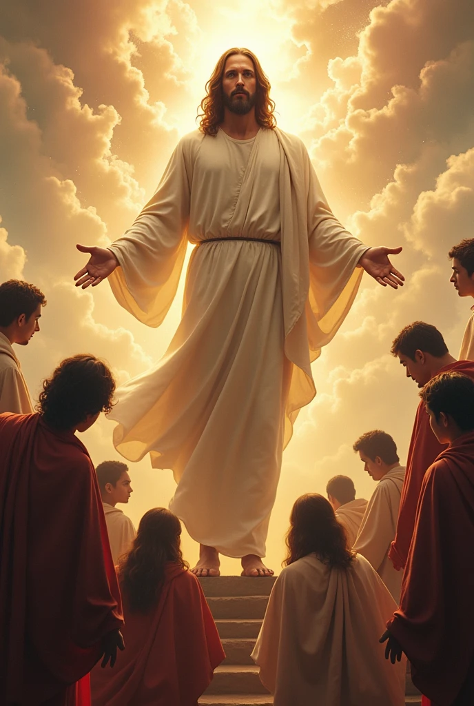 It creates a realistic image of Jesus Christ from the series The Chosen returning as a King in heaven and all contemporary nations from the East to the West from the United States of America to Japan prostrating themselves before the King of Kings who is Christ Jesus.