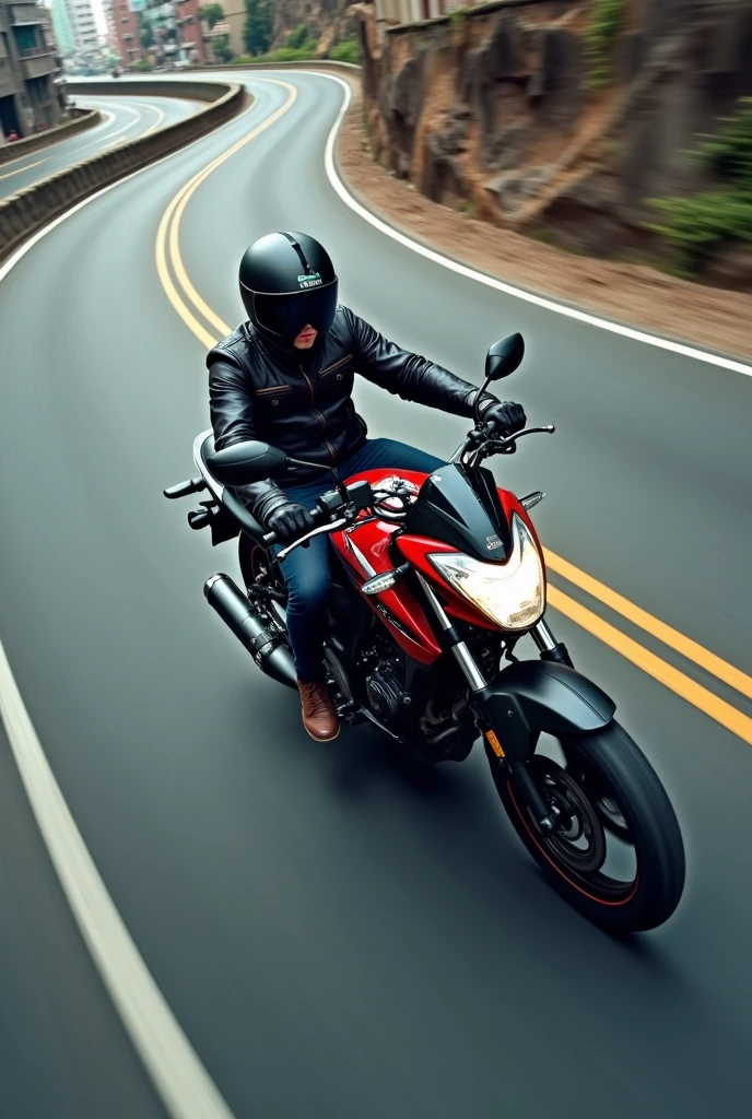 motorcyclist riding a Honda CG 160 motorcycle. seen from the top.