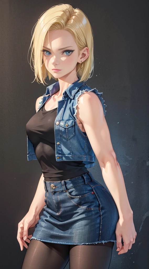 Best Quality, hight resolution, and18, 1girl in, Android 18, Solo, Blonde hair, Blue eyes, Short hair, earrings, Jewelry, Denim Short Sleeve Vest, open vest, Black pantyhose, Black shirt, jean skirt,  Blue skirt, medium breasts, Cowboy Shot, Street, (Externally expanded Chest: 1.2)