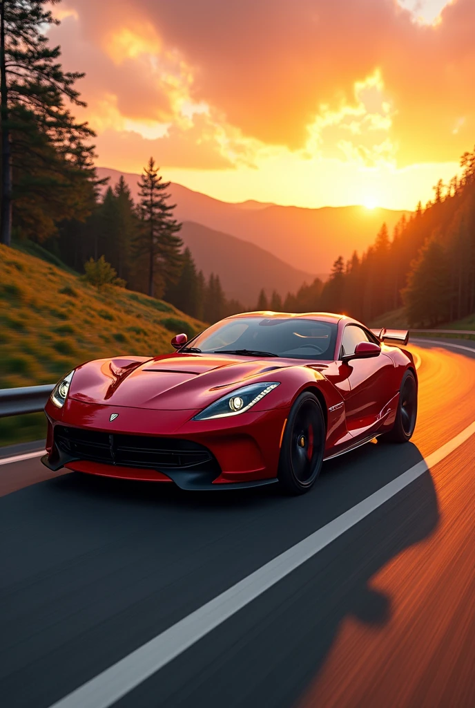 Here is the image of a sleek red car on a scenic road at sunset. Enjoy the view!
