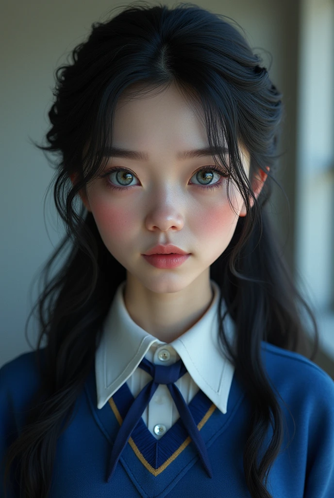 she is Caucasian, has a pink complexion, a diamond-shaped face, a trumpet-shaped nose,  blue-grey eyes, long, half-tied black hair, full lips and wears a ravenclaw uniform.

photorealism
