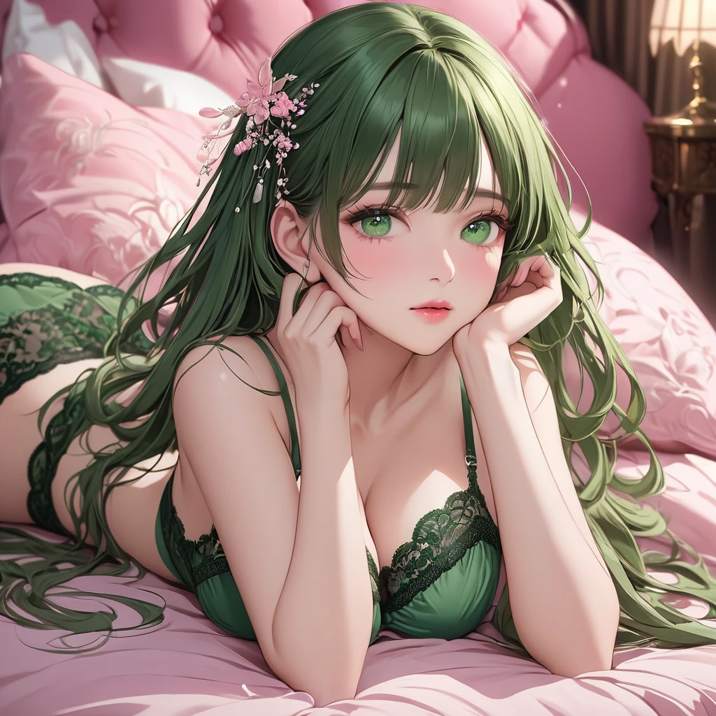 (Best Quality,High resolution,8k,finelity detailed background,Masterpiece:1.2),beautiful girl,Shiny green hair,messy hair,Green Eyes,Gentle look,A refreshing look,Best quality,Best Quality,Aesthetic and aesthetic:1.2,Best details((Super detailed))(High-definition CG illustrations),White underwear (white,intricate lace),Slender body,Late Night,Moonlit Night,Bedroom,On the bed,smile,blush,cute,Scrounge,Looking up,Being spoiled,super model,on back,shoot from above