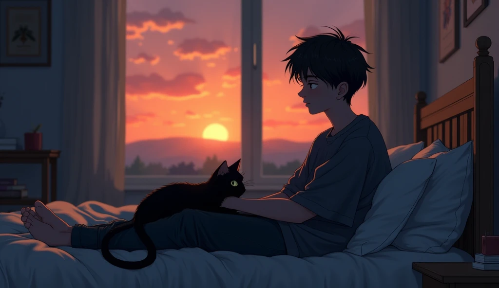 “Sam is sitting on his bed, looking sad and thoughtful. Shadow, the dark-furred cat, is in his lap, looking up at him with a gentle expression. The room is softly lit, with a warm, comforting atmosphere. Outside the window, it’s evening, and the sky is turning orange with the setting sun.”
