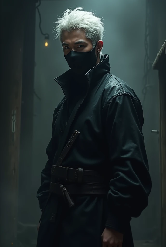 An adult man with white hair he is a ninja and wears a mask over his mouth