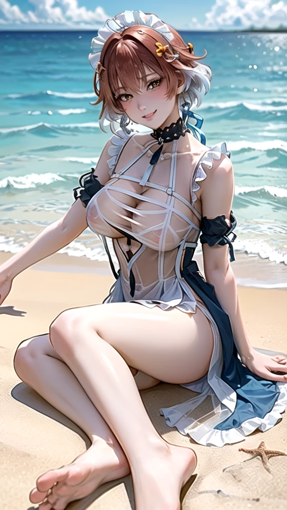 (((masterpiece, ultra HD, 8K quality))), (((clear and bright image))), anime, 1 woman, (((beautiful woman))), (((shining red short hair))), (((shining attractive eyes))), ((((yellow eyes))))), (((eye highlights))), ((very long eyelashes)), (((very large breasts))), cleavage, (((beautiful sexy pose))), looking at the viewer, navel, (((cute smile))), water, thighs, bare shoulders, front tie top, arm support, narrow, ((((blue colored see-through maid dress))))), bare feet, collarbone, neck ribbon, halter neck, water's edge, (((summer beach in the background)))