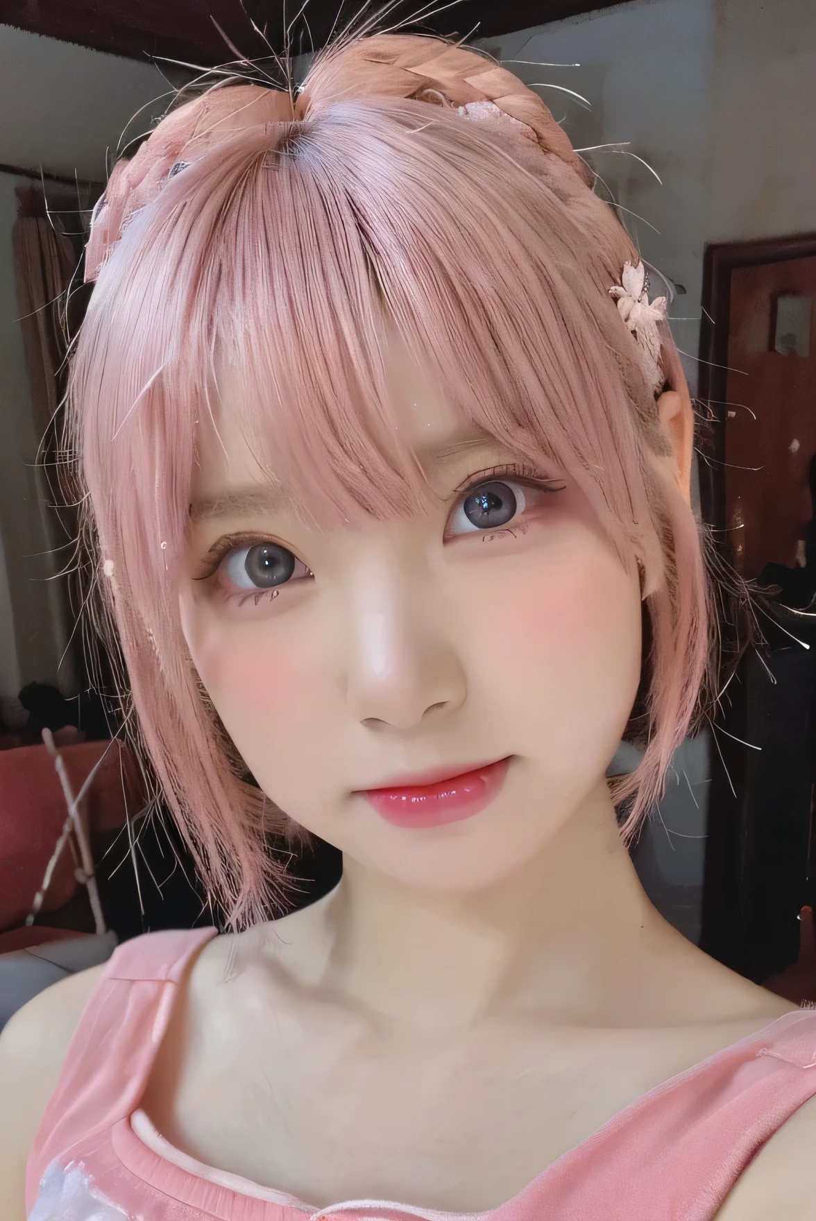 （（（Super close-up shooting））），（（Look at the camera）），（（（Front view））），Super cute Japanese girl，（Pink short hair anime girl）,（Pink short hair anime girl）, Beautiful pupils, And a serious face,Slightly angry,National Foundation, best quality, masterpiece, Ultra-high resolution, In the bedroom, (Reality:1.4),Very beautiful eyes, (Symmetrical eyes:1.3),Beautiful and young々s face,Full of love，blushing，