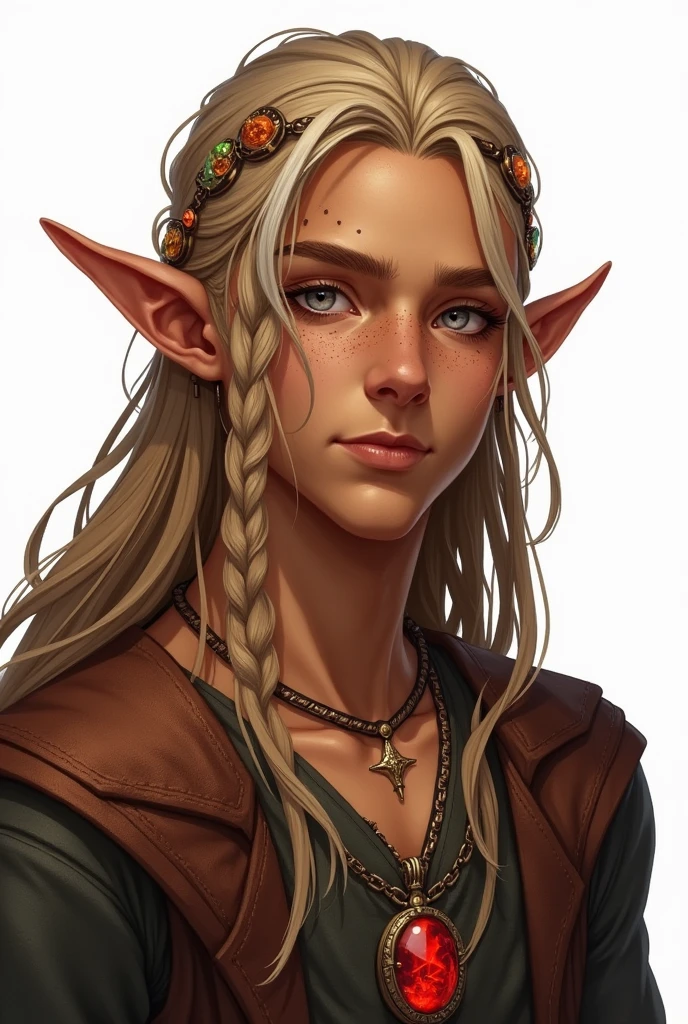 high elf, young adult, masculine, skin tanned, long braided hair with ornaments, copper color with a white streak, freckles on the face, ear ornaments, silver eyes, a birthmark on the neck, in the shape of a star and a necklace with a red stone. white background, estilo Dungeon and dragons