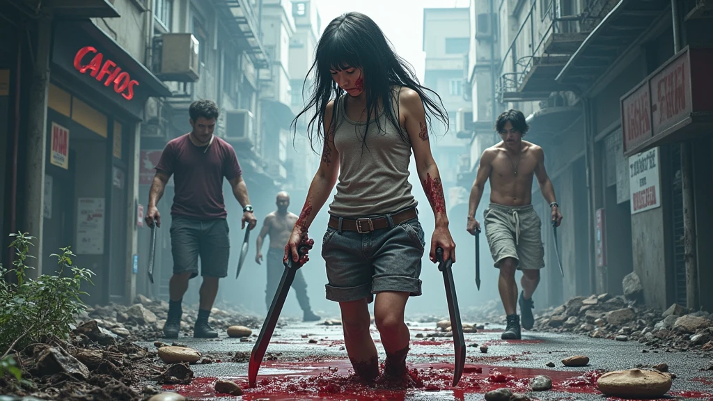 Best quality, masterpiece, ultra high res, photorealistic:1.5, raw photo,ultra reality, a girl standing, denim short pants, holding knives in both hands, bloody hands, injured, some bruises, fighting, in the city, cinematic lighting