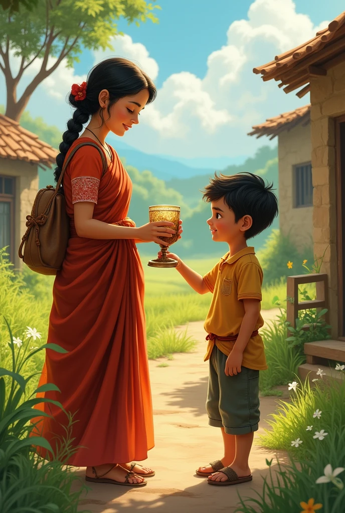 Generate a realistic photo: Chintu and His Mother in the Village**
- Image: A picturesque village with small houses, lush green fields, and a humble home where Chintu and his mother are standing. The mother is handing Chintu an old, ornate glass.