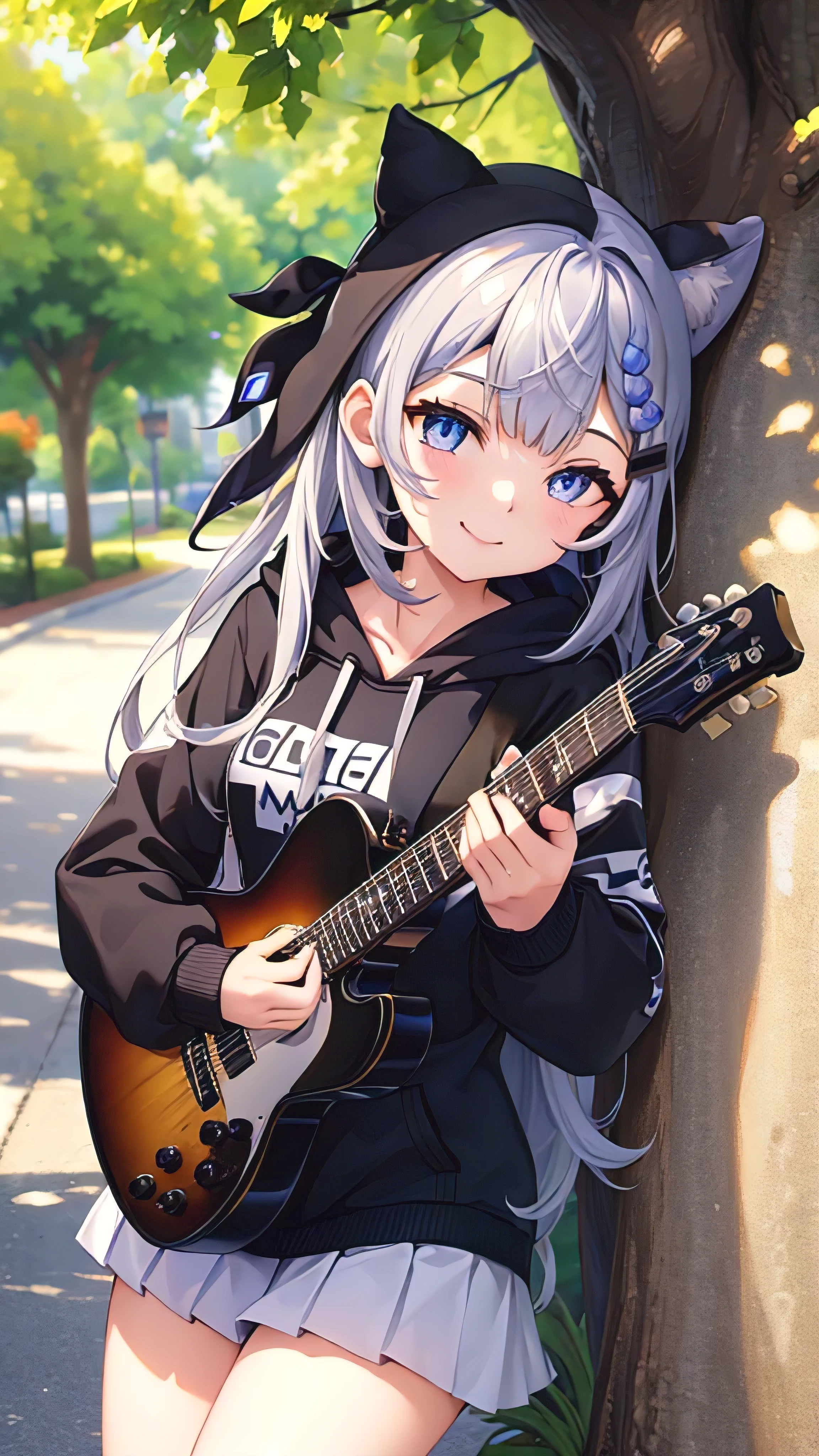 (Vestia zeta, vtuber, virtual youtuber, Alone, wearing a hoodie, playing a guitar acoustic, smile, leaning against a tree, leaning straight under a tree