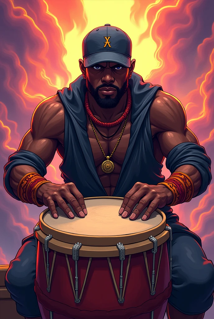 Animated picture of dark-skinned man without hair wearing a cap playing the kettledrum
