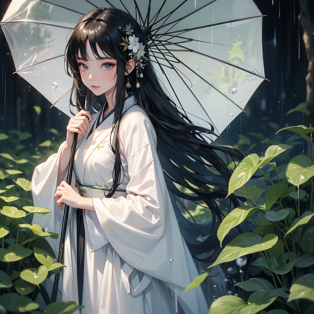 A black hair beautiful female in white hanfu dress , close up.
Stand holding an umbrella to protect from the rain. Rain fell and splashed around. There are water droplets falling on the leaves in the surrounding area, green and moist, the atmosphere after rain.