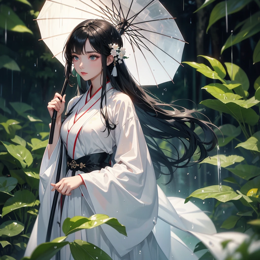 A black hair beautiful female in white hanfu dress , close up.

Stand holding an umbrella to protect from the rain. Rain fell and splashed around. There are water droplets falling on the leaves in the surrounding area, green and moist, the atmosphere after rain.