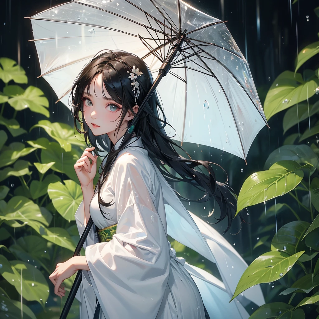 A black hair beautiful female in white hanfu dress , close up.
Stand holding an umbrella to protect from the rain. Rain fell and splashed around. There are water droplets falling on the leaves in the surrounding area, green and moist, the atmosphere after rain.