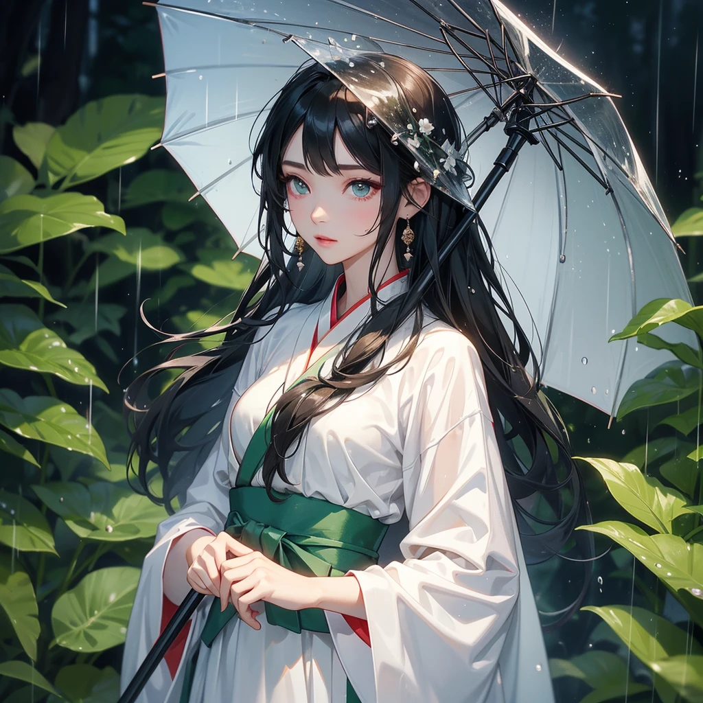 A black hair beautiful female in white hanfu dress , close up.

Stand holding an umbrella to protect from the rain. Rain fell and splashed around. There are water droplets falling on the leaves in the surrounding area, green and moist, the atmosphere after rain.