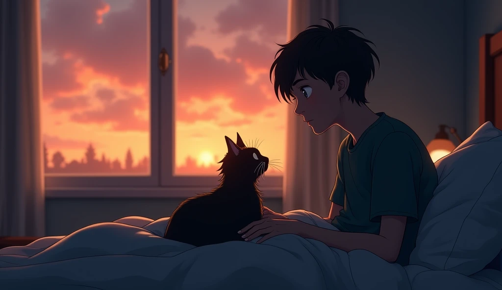 “Sam is sitting on his bed, looking sad and thoughtful. Shadow, the dark-furred cat, is in his lap, looking up at him with a gentle expression. The room is softly lit, with a warm, comforting atmosphere. Outside the window, it’s evening, and the sky is turning orange with the setting sun.”