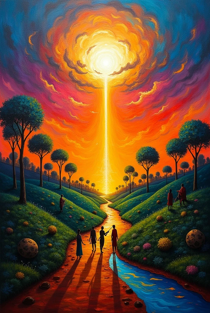 Vibrant oil painting: Orixás (black Africans Oxalá, Iemanjá, Xangô, Oxóssi, Ogum) descend from a luminous sky to a lush land. Luminous trail connects the two worlds. People celebrate with music and offerings. Vibrant colors, focus on the orishas and their connection with nature and humanity. minimalism, abstract