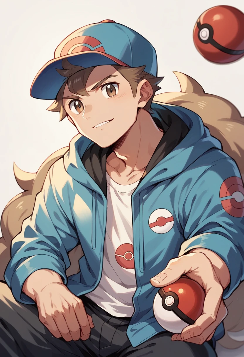 1 boy, 1 pokemon trainer, Wavy hair, wearing a pokemon cap, Skin color, Grinning, Holding a pokeball, gazing at viewer, chestnut hair, lightbrown eyes