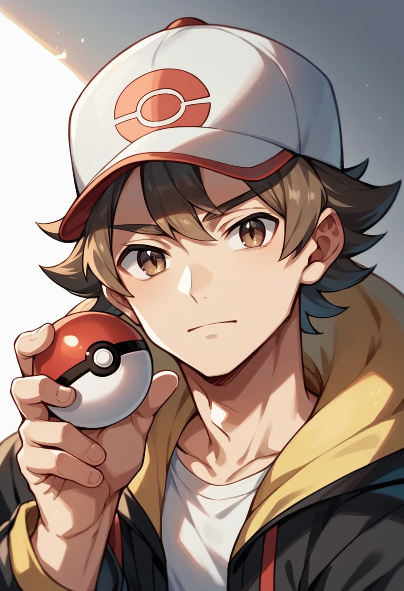 1 boy, 1 pokemon trainer, Wavy hair, wearing a pokemon cap, Skin color, Grinning, Holding a pokeball, gazing at viewer, chestnut hair, lightbrown eyes
