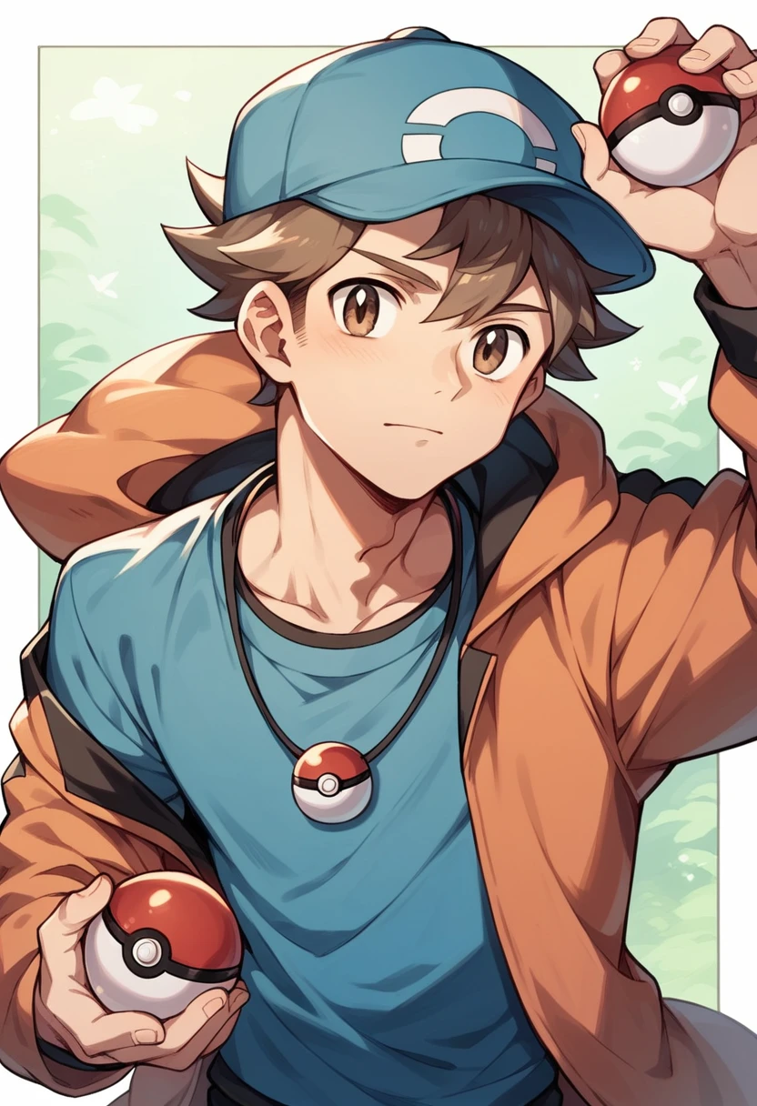 1 boy, 1 pokemon trainer, Wavy hair, wearing a pokemon cap, Skin color, Grinning, Holding a pokeball, gazing at viewer, chestnut hair, lightbrown eyes