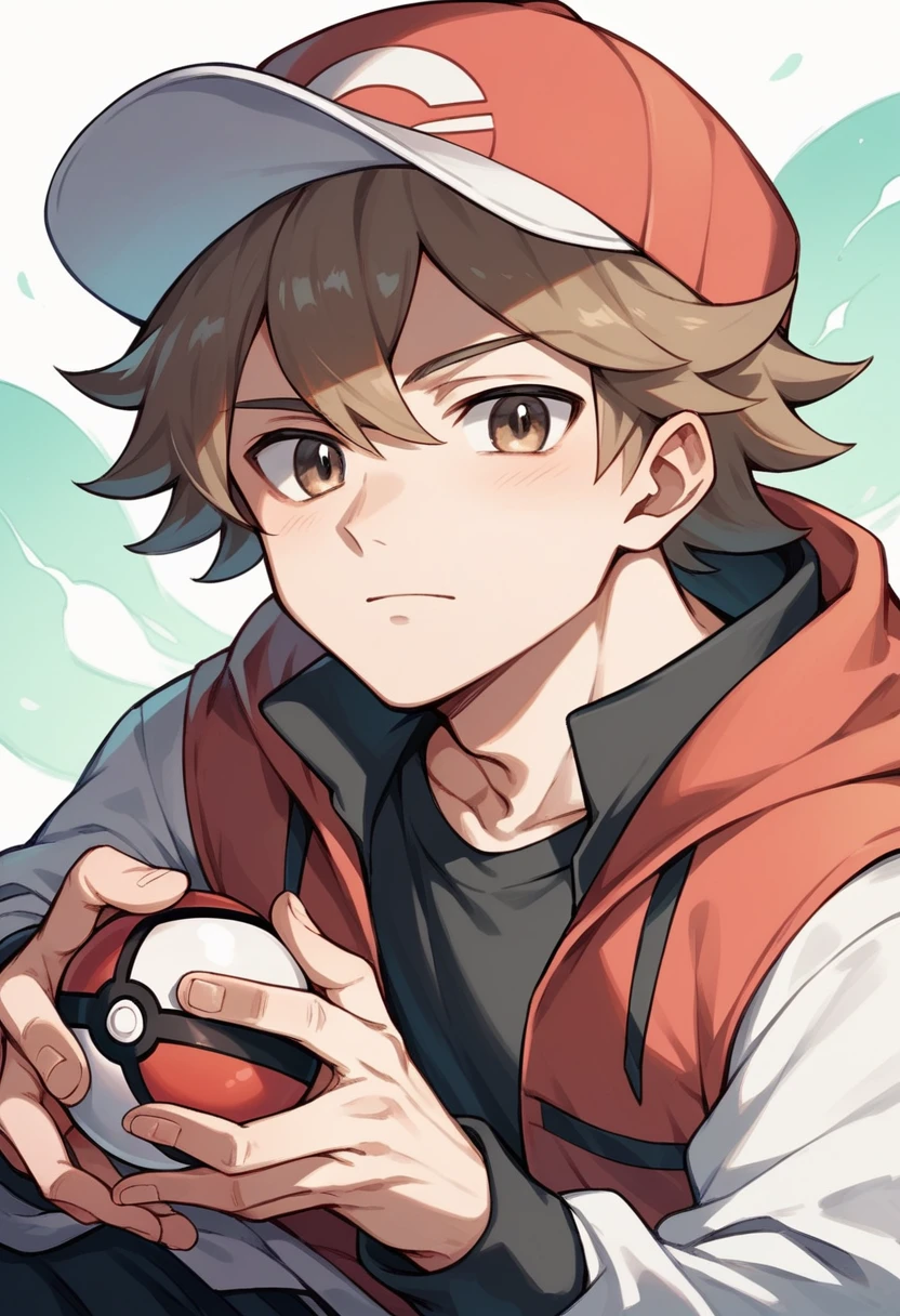 1 boy, 1 pokemon trainer, Wavy hair, wearing a pokemon cap, Skin color, Grinning, Holding a pokeball, gazing at viewer, chestnut hair, lightbrown eyes