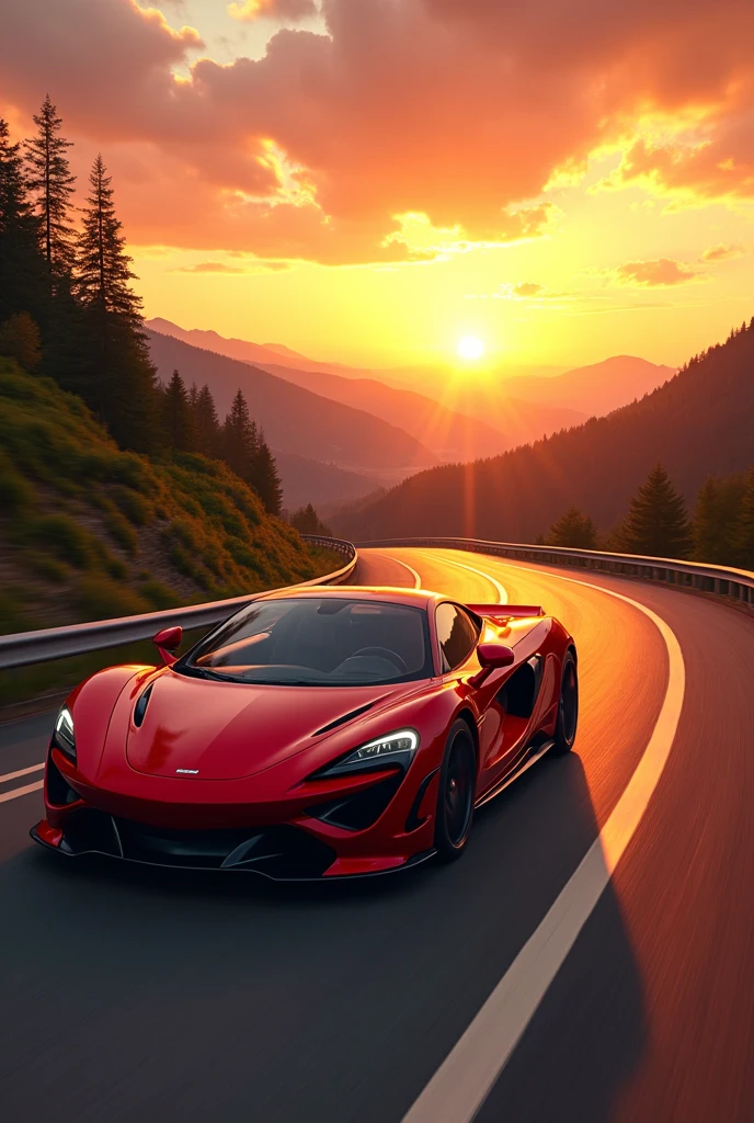 Here is the image of a sleek red car on a scenic road at sunset. Enjoy the view!