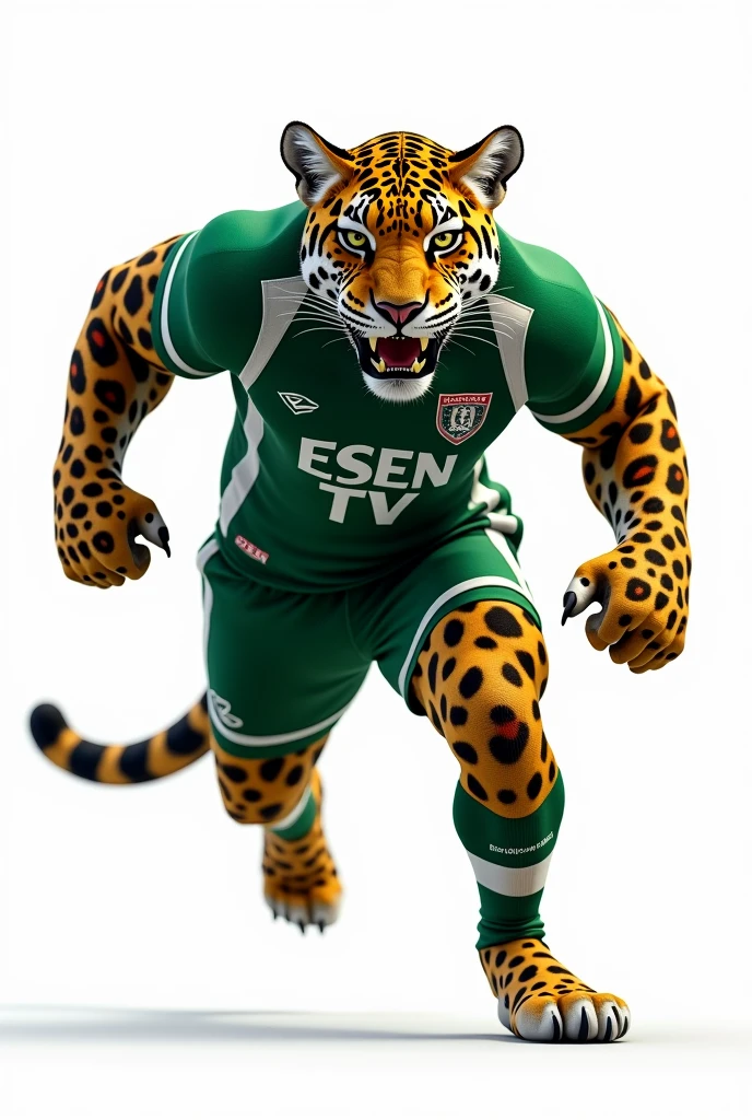 Full body jaguar, WITH WHITE BACKGROUND, wearing a green and white sports uniform that says ESEN TV 