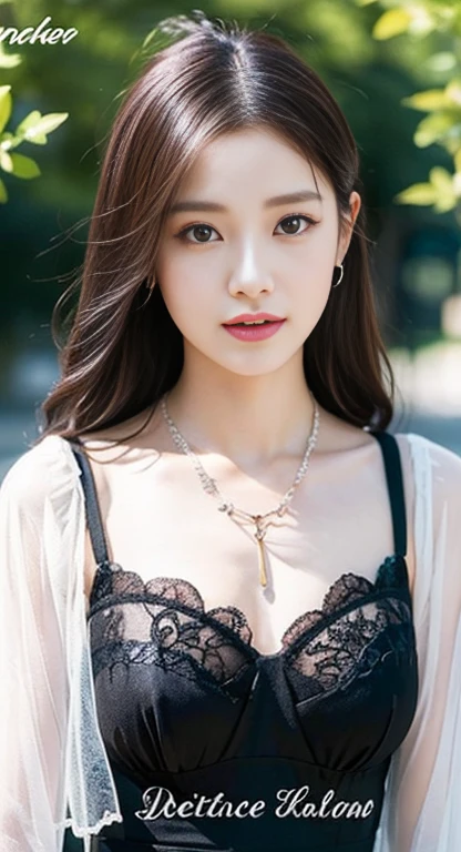 The image is a black and white text that appears to be a description of a necklace. The text is written in a cursive style and is accompanied by a picture of a necklace. The necklace is described as having a "sweetheart" shape, and the text goes on to describe the various details of the necklace, including the lace and the tulle-like fabric. The text also describes the person wearing the necklace, stating that they are also wearing a "delicate" necklace with a "symmetrical" design. The text concludes by suggesting that the background of the image is outdoors, with bare trees.