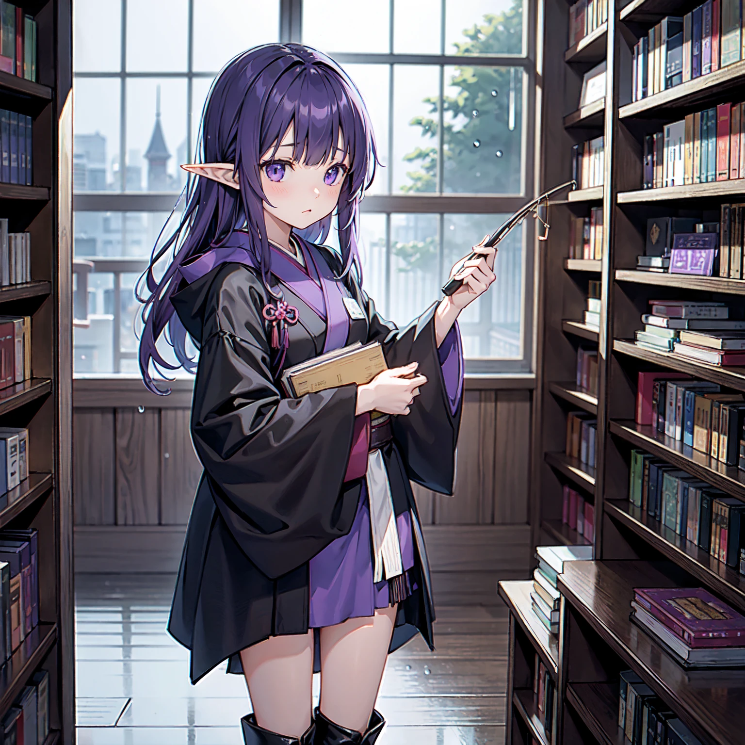 A girl takes a book from a bookshelf. She is fishing through the bookshelf. Which book shall I choose? Vivid. Nostalgic. Purple hair. A girl with long purple hair. Pointy elf ears. Her clothes are simple: a black robe with wide sleeves and a black miniskirt. Her knees stick out. V-shaped white inserts on the front like a kimono. Black boots. Standing figure. Background: heavy rain outside window at night, library, no other people. Unoccupied, dilapidated library. Lots of bookshelves lined up. Outside, night, rain.