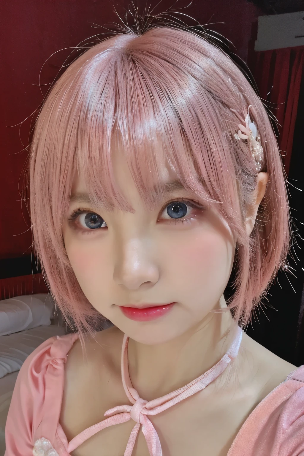 nswf, (selfie shot:2), (from above:1.3),(wearing Bra Top:1.3),(flat chest:1.3),cleavage,(Close Up :1.3), Top quality, 1 beautiful Japanese woman, teen,(18 years old),long Hair, (pink hair:1.2), Ultra-realistic capture, Highly detailed, High resolution 16k close-up of human skin. Skin texture must be natural, With such detail that pores can be finely identified. Skin should look healthy, In a uniform tone. Use natural light and color,